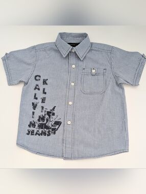 Calvin Klein Boys (3) Blue Gingham Short-Sleeve Button-Down Shirt w/Logo Detail